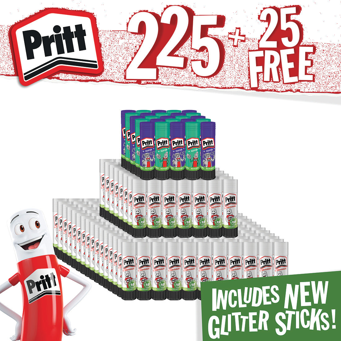 Pritt Glue Stick - 225 x 43g + 25 FREE Glitter Glue Sticks